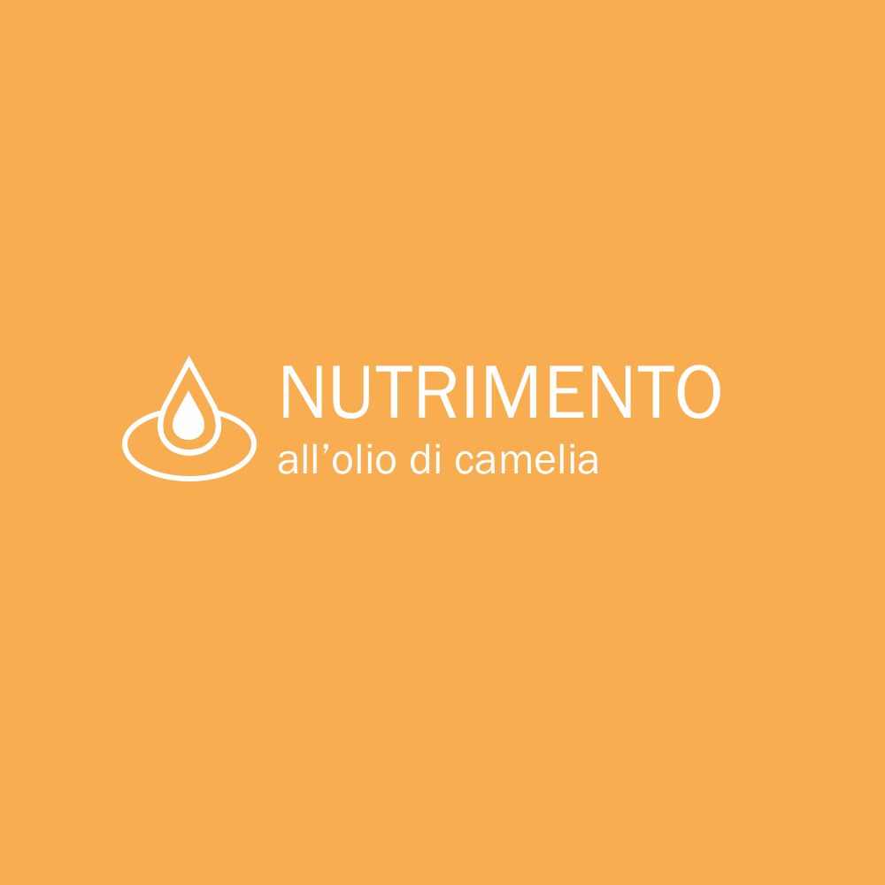 Text auf orangefarbenem Hintergrund: NUTRIZIONE all'olio di camelia. Logo: Tropfen in Kreis.