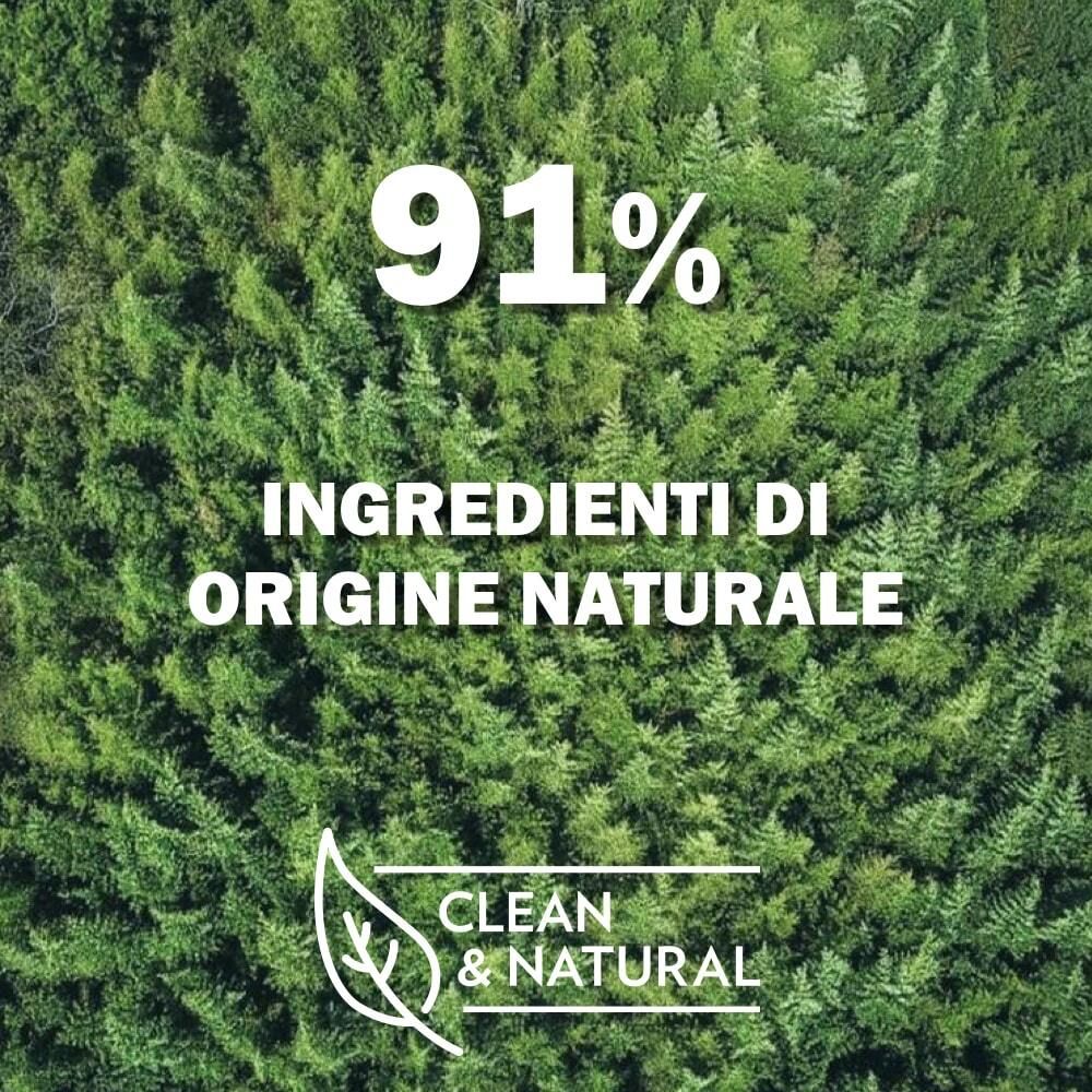 Text auf grünem Hintergrund: 91% Ingrédients d'origine naturelle. Logo: Blatt. Clean & Natural.