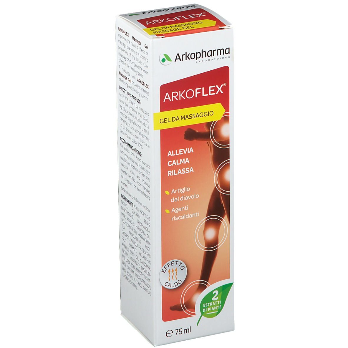 Arkoflex Gel da Massaggio Packung. Rote und weiße Verpackung mit Produktinformationen und Illustrationen.