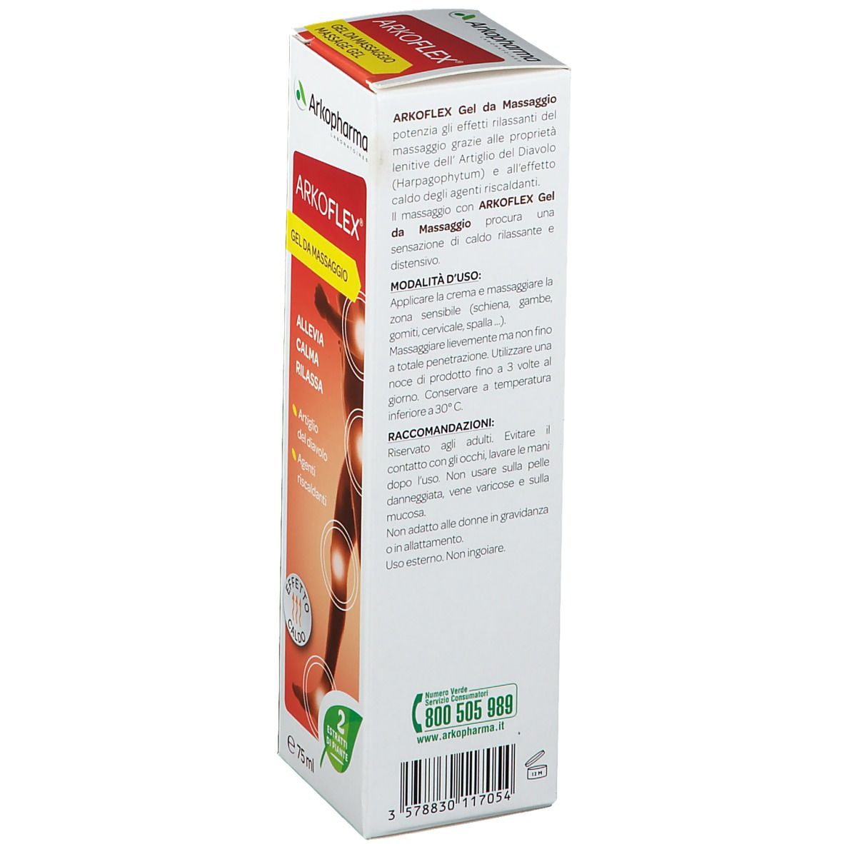 Rückseite der Arkoflex Gel da Massaggio Packung. Textinformationen und Barcode.