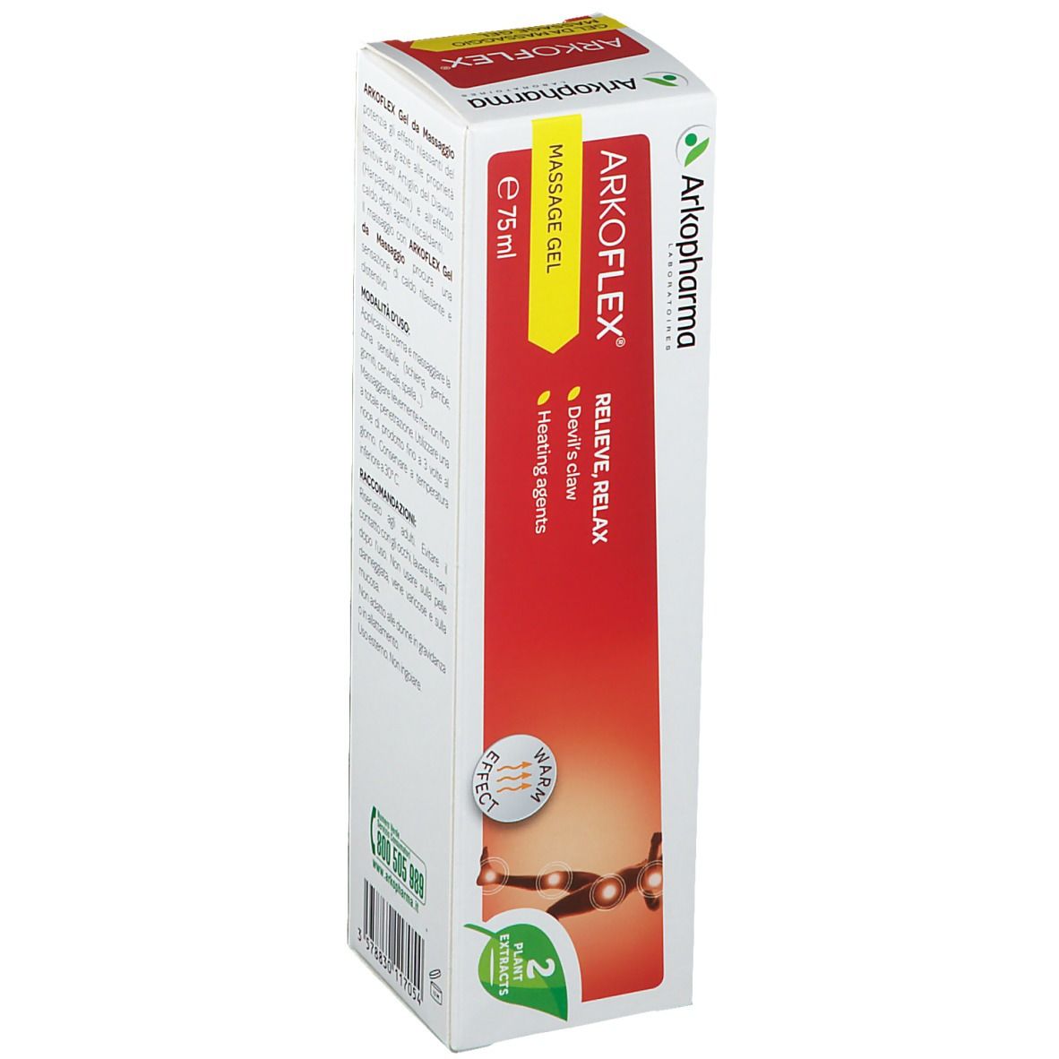 Arkoflex Massage Gel Packung. Rote und weiße Verpackung mit Produktinformationen.