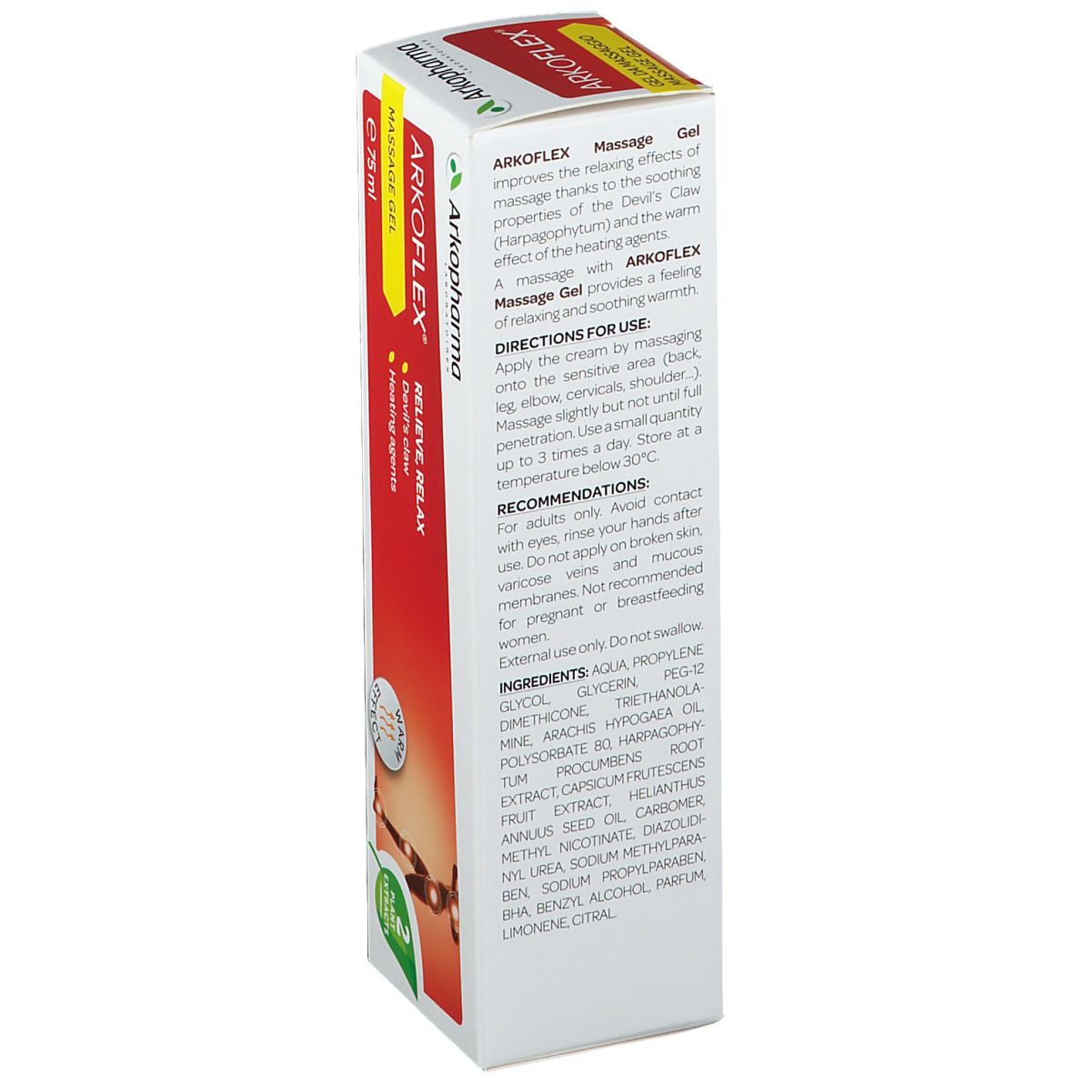 Seite der Arkoflex Massage Gel Packung. Textinformationen und Inhaltsstoffe.