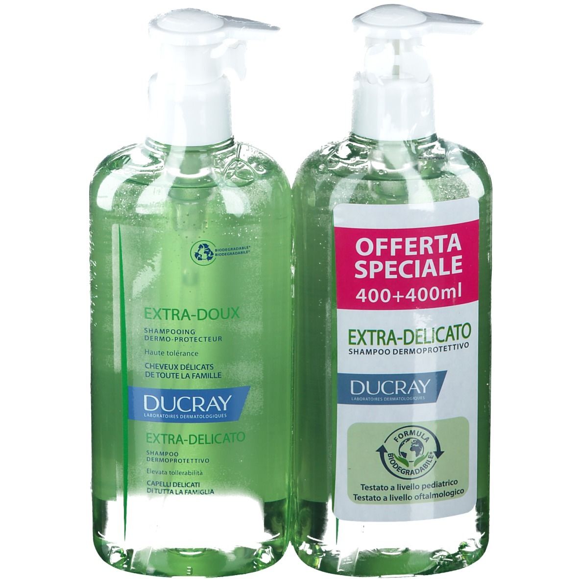 Zwei Flaschen DUCRAY Shampoo Demoprotektiv Extra Mild mit Pumpverschluss. Etiketten mit Produktinformationen.