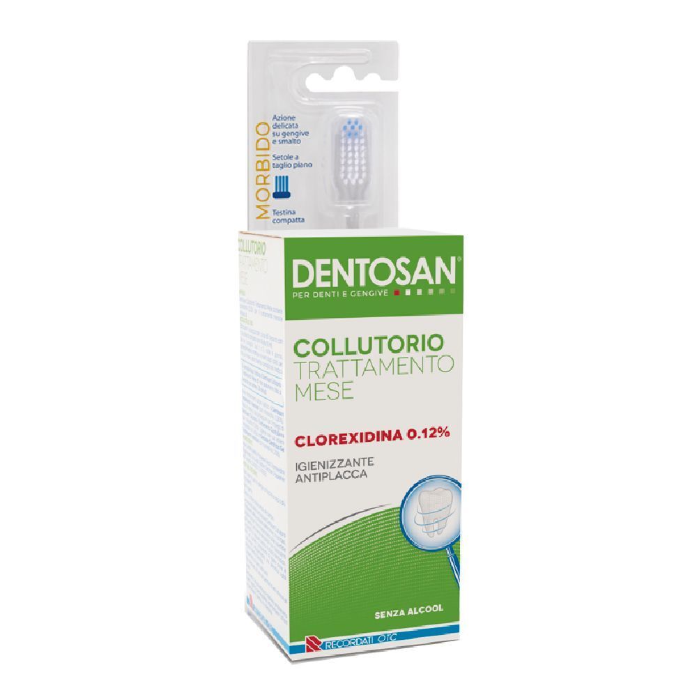 Produit de soins dentaires avec brosse à dents. Inscription: Dentosan, Collutorio Trattamento Mese, Clorexidina 0.12%.