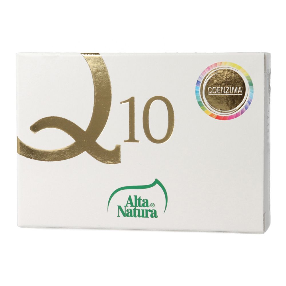 Boîte blanche avec inscription dorée "Q10" et logo "Coenzima". Marque : Alta Natura.