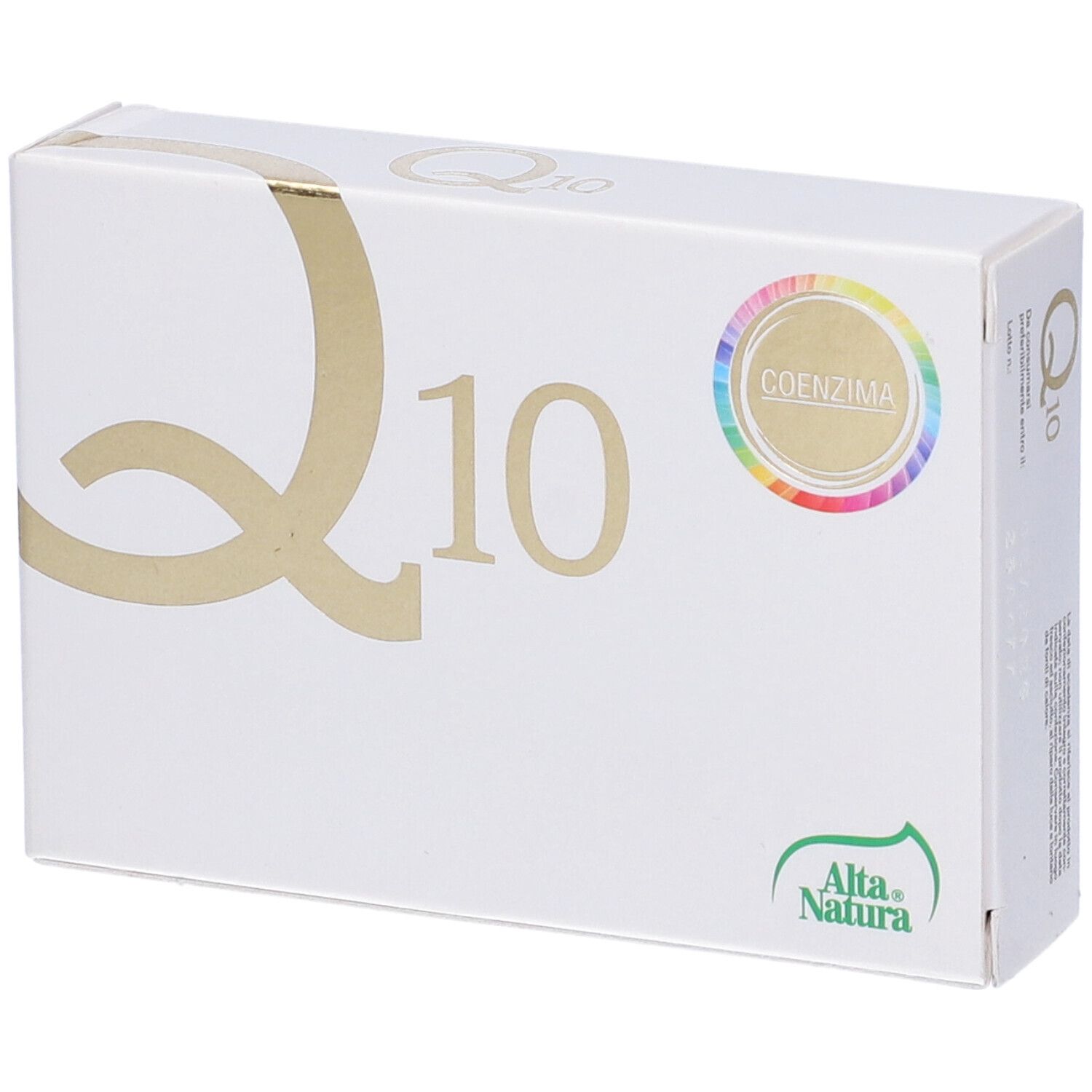 Boîte blanche, inscription dorée "Q10", logo "Coenzima". Marque : Alta Natura. Vue en perspective.