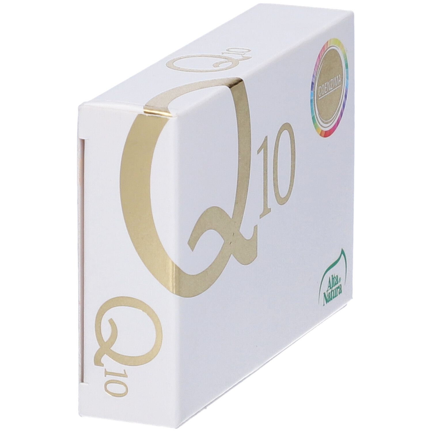 Boîte blanche, inscription dorée "Q10", logo "Coenzima". Marque : Alta Natura. Vue en perspective.