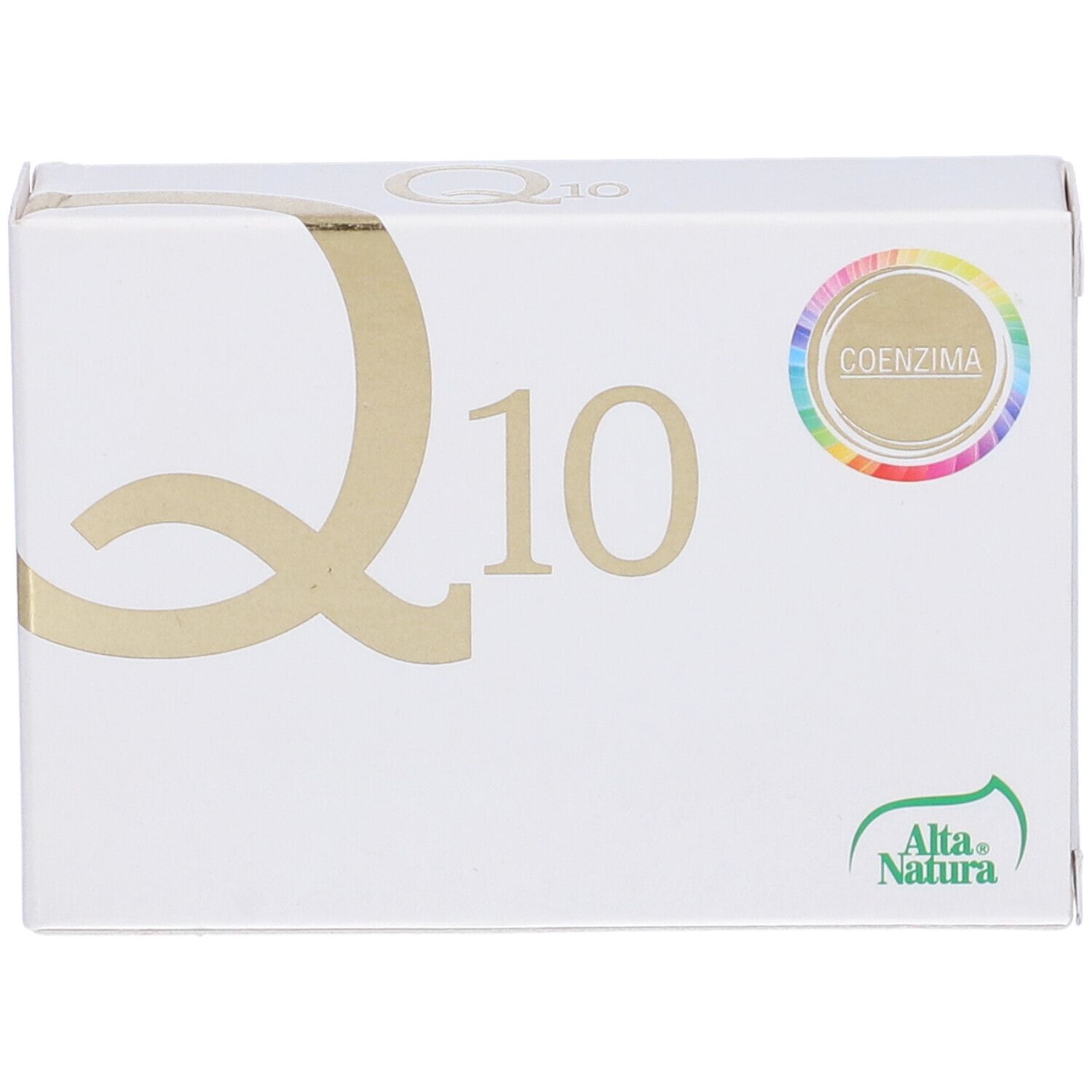 Boîte blanche avec inscription dorée "Q10" et logo "Coenzima". Marque : Alta Natura.