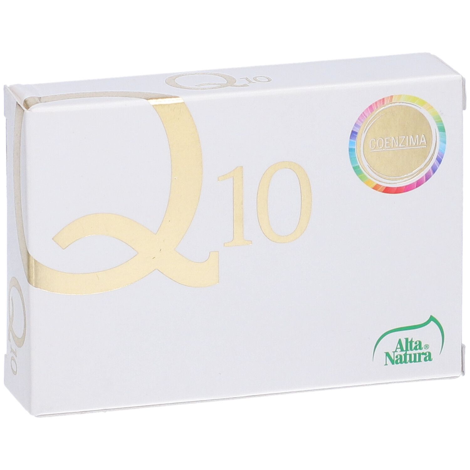 Boîte blanche avec inscription dorée "Q10" et logo "Coenzima". Marque : Alta Natura.