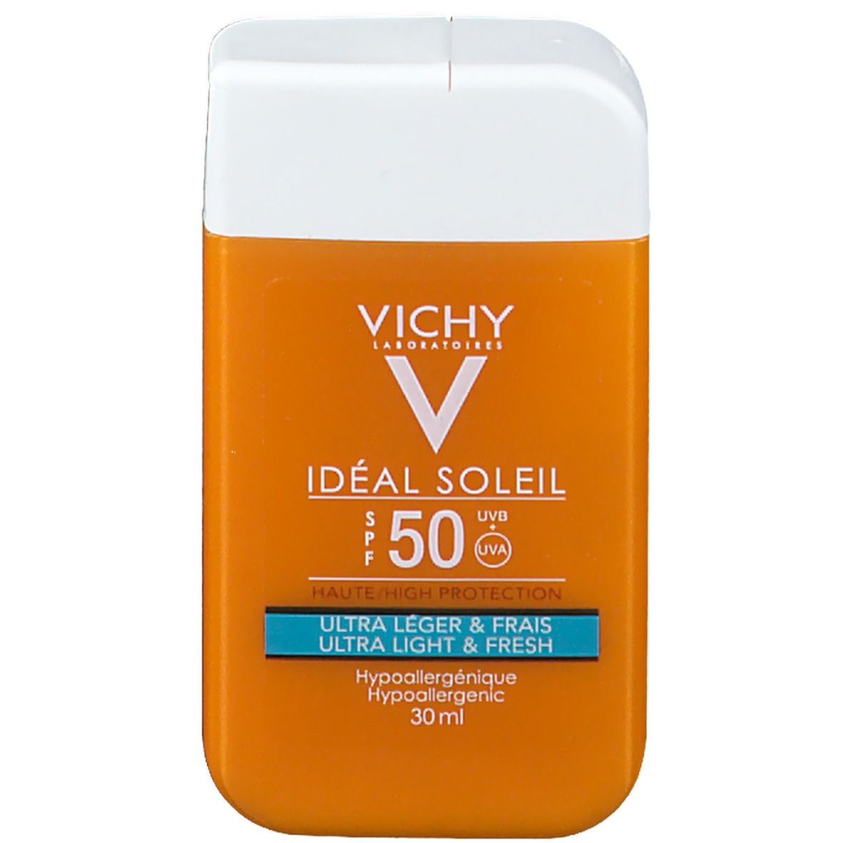 Vichy Ideal Soleil Sonnenmilch LSF 50. Orangefarbene Flasche mit weißem Deckel. Text: Ideal Soleil, SPF 50, Ultra léger & frais.