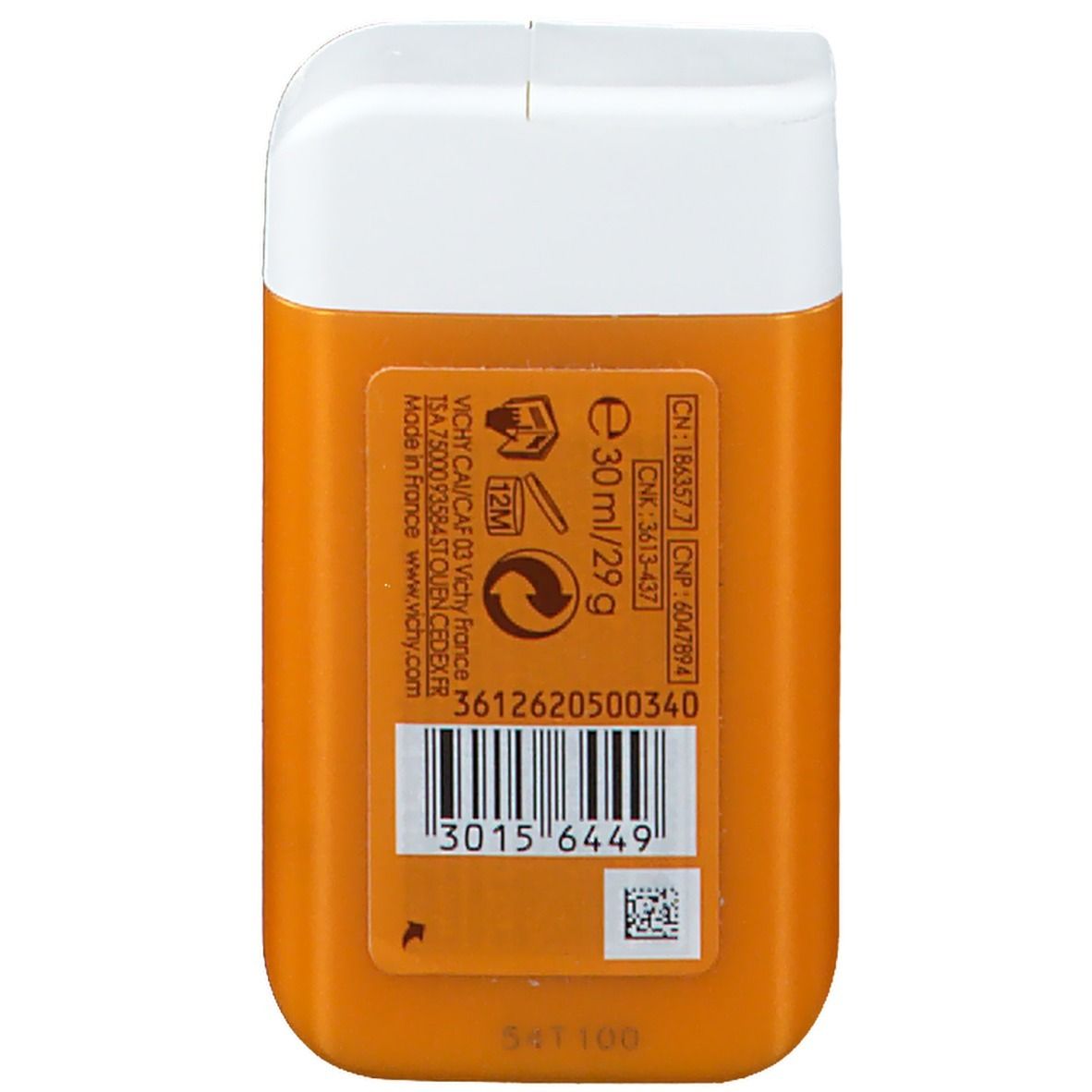 Rückseite der Vichy Ideal Soleil Sonnenmilch LSF 50. Orangefarbene Flasche mit Text und Barcode. 30ml/29g.