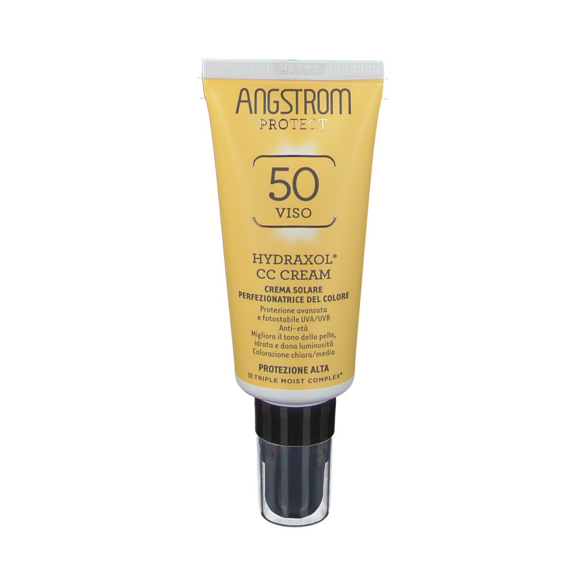 Gelbe Tube mit schwarzem Verschluss. Aufschrift: ANGSTROM PROTECT, 50 VISIO, HYDRAXOL CC CREAM. Sonnenschutzcreme.