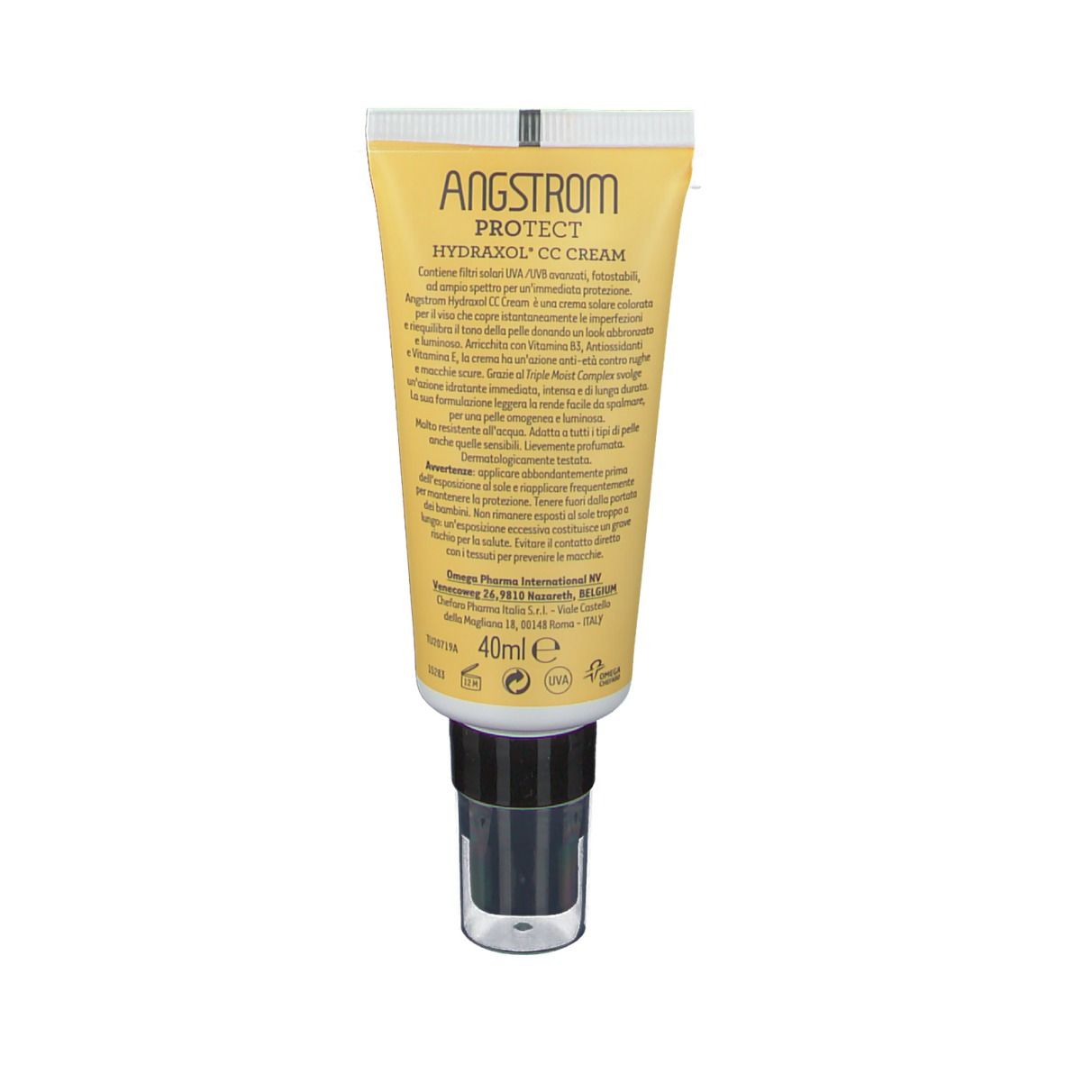 Rückseite einer gelben Tube. Text in italienischer Sprache. Aufschrift: ANGSTROM PROTECT, HYDRAXOL CC CREAM, 40ml.