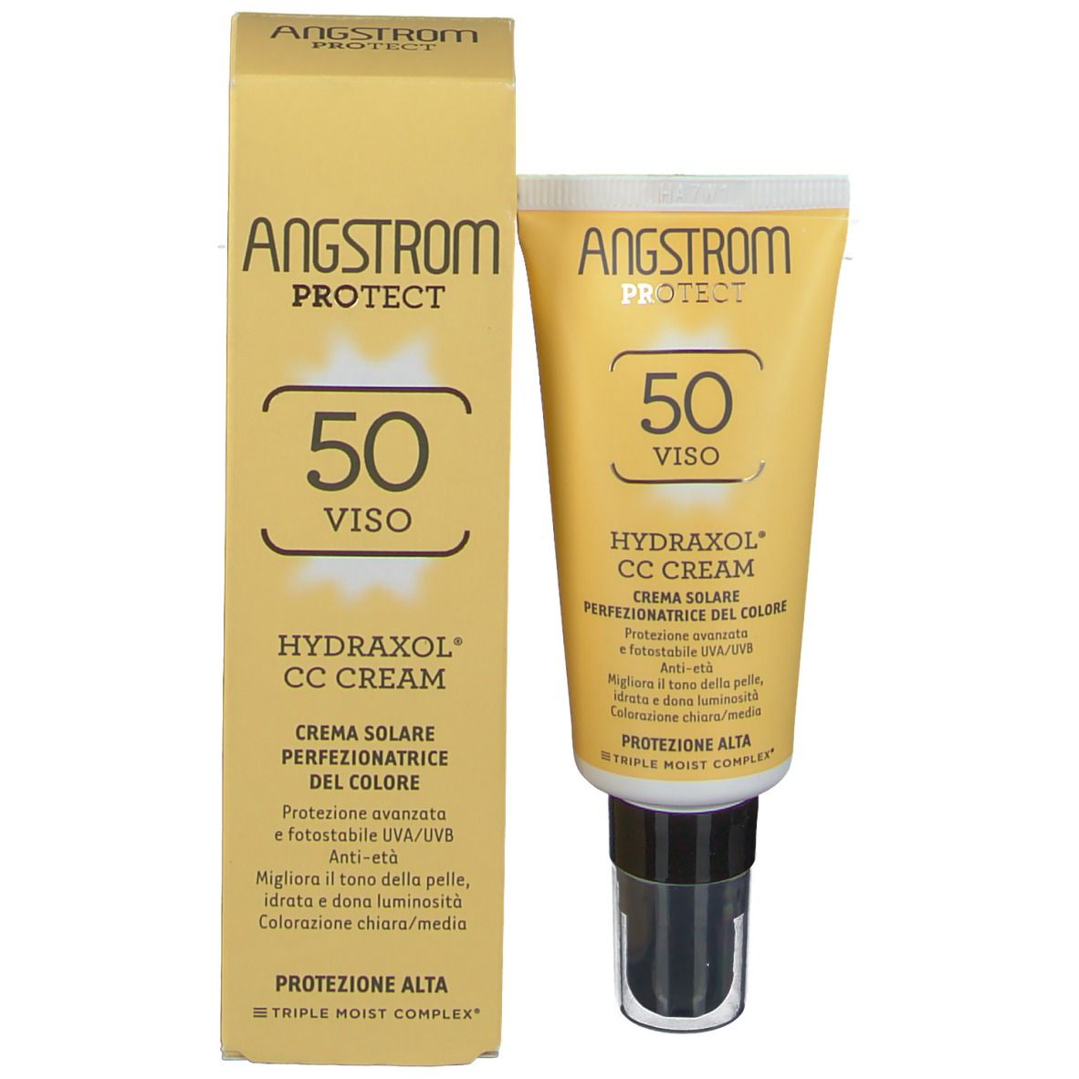 Gelbe Schachtel und Tube. Aufschrift: ANGSTROM PROTECT, 50 VISIO, HYDRAXOL CC CREAM. Sonnenschutzcreme. Mit Text.