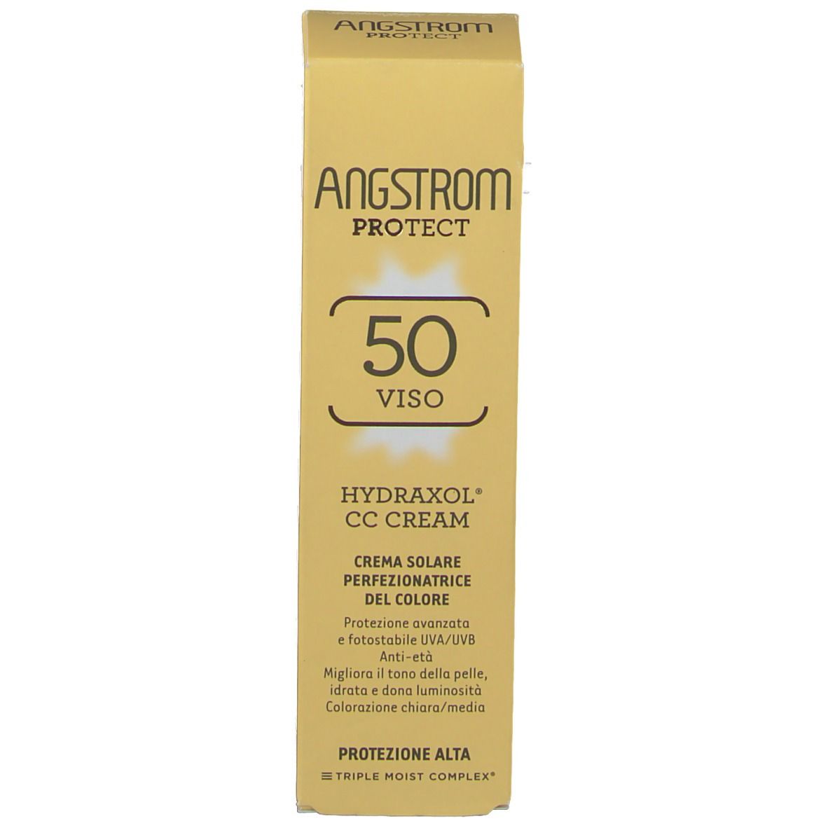 Gelbe Schachtel. Aufschrift: ANGSTROM PROTECT, 50 VISIO, HYDRAXOL CC CREAM. Sonnenschutzcreme. Mit Text.