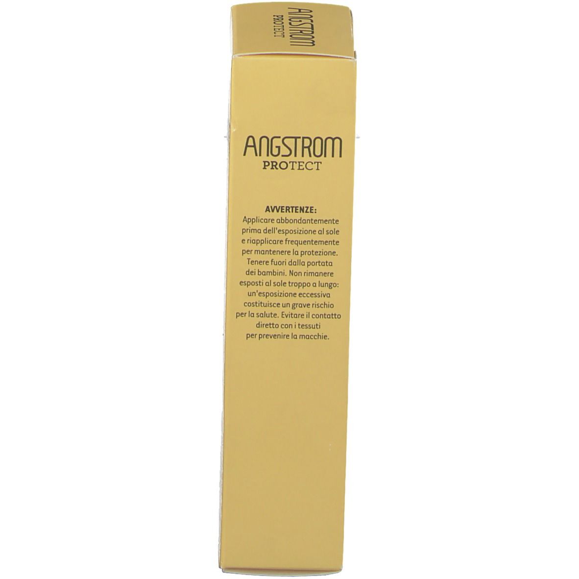 Gelbe Schachtel. Text in italienischer Sprache. Aufschrift: ANGSTROM PROTECT. Warnhinweise.