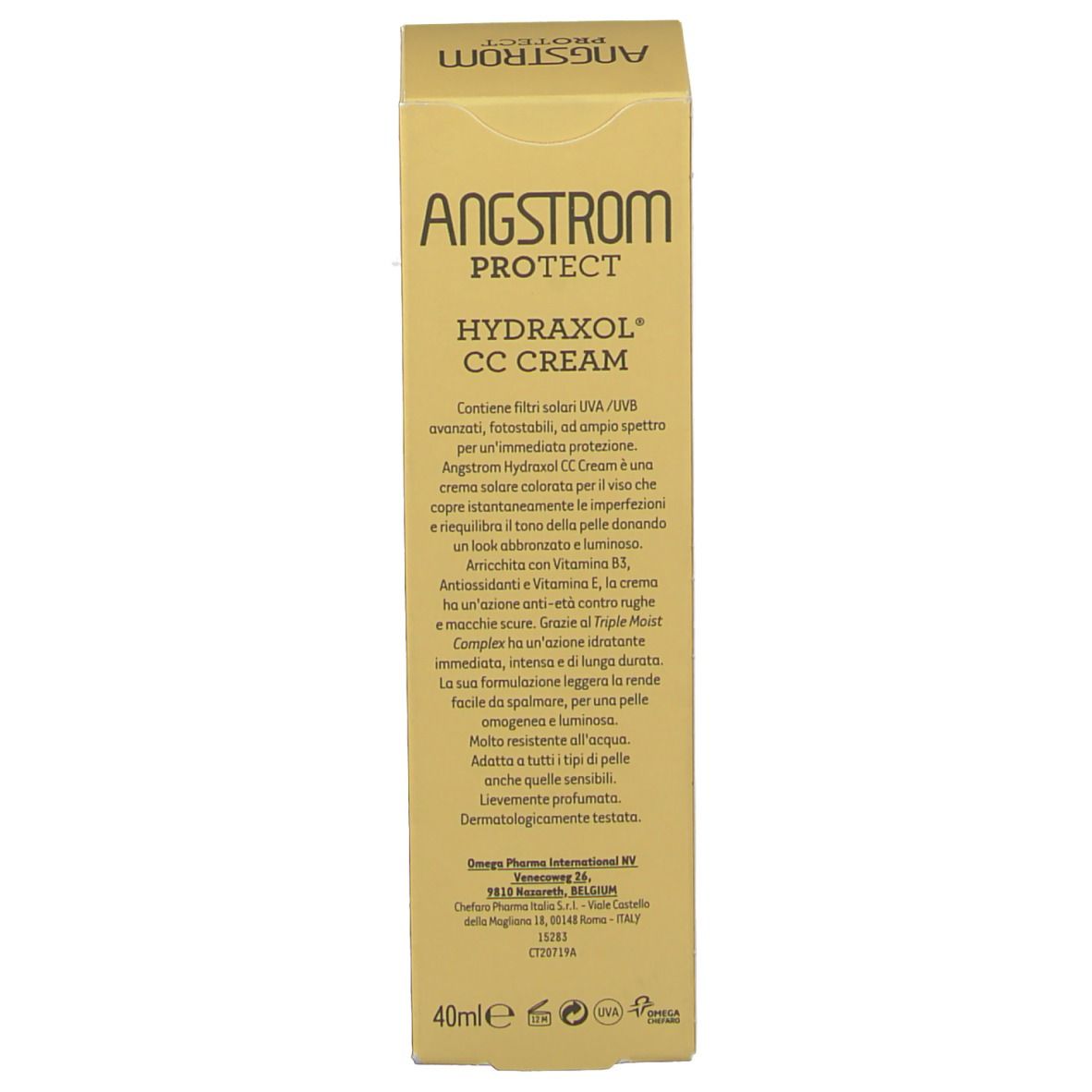 Gelbe Schachtel. Text in italienischer Sprache. Aufschrift: ANGSTROM PROTECT, HYDRAXOL CC CREAM, 40ml.