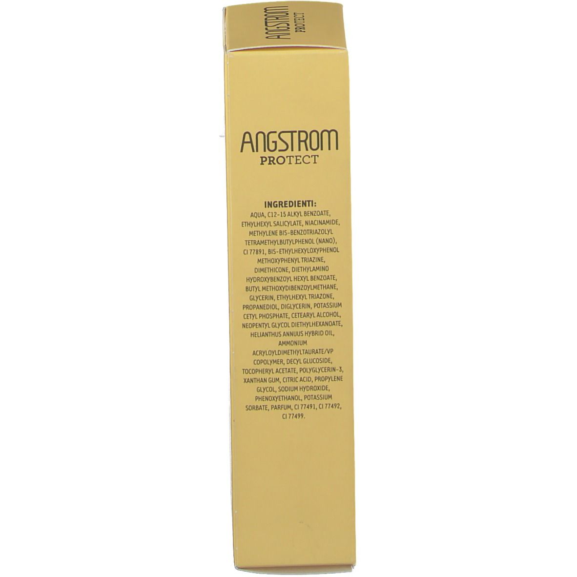 Gelbe Schachtel. Text in italienischer Sprache. Aufschrift: ANGSTROM PROTECT. Inhaltsstoffe.
