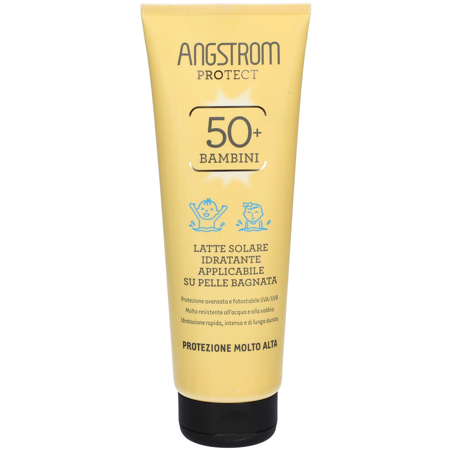Tube jaune ANGSTROM PROTECT 50+ BAMBINI. Lait solaire pour enfants. Avec illustrations.
