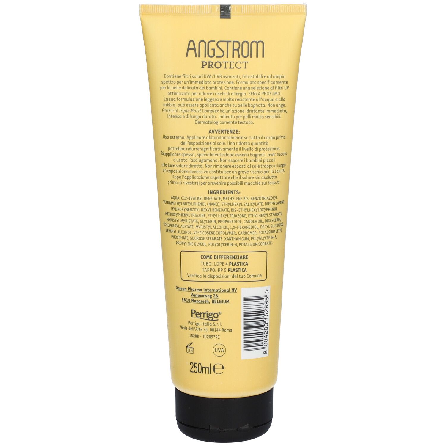 Dos d'un tube jaune. Contient du texte et des ingrédients. Marque : ANGSTROM. Informations sur l'utilisation et les ingrédients.