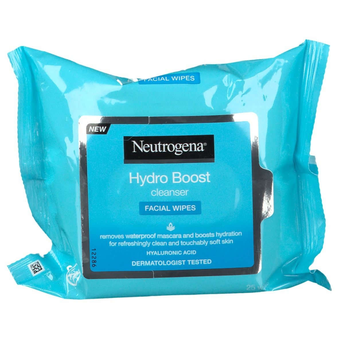 Paquet de lingettes nettoyantes Neutrogena Hydro Boost, bleu. Étiquette avec informations produit et inscription 'NEW'.