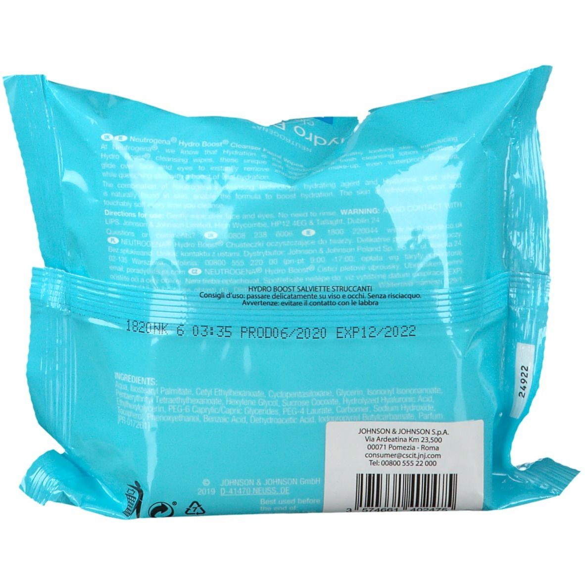 Dos du paquet bleu de lingettes nettoyantes Neutrogena Hydro Boost. Texte, ingrédients et informations fabricant.