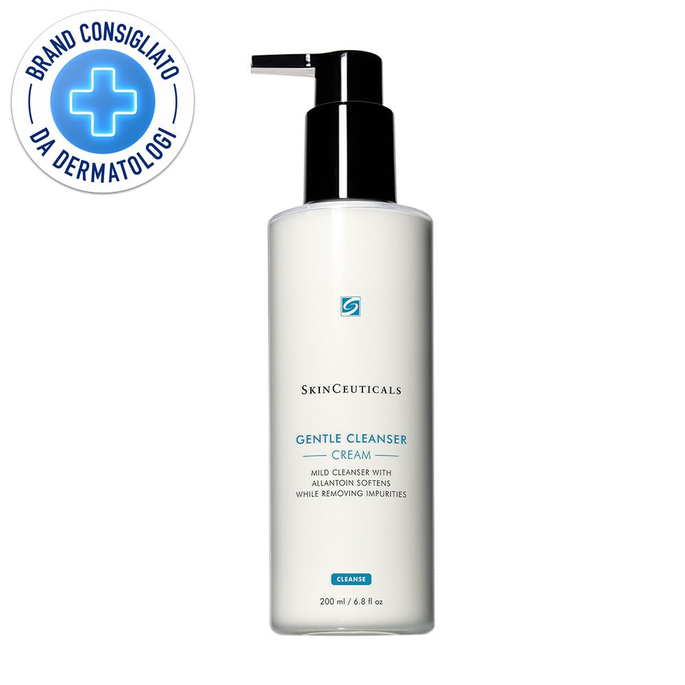 Hautpflegeprodukt mit Pumpverschluss. Aufschrift: SkinCeuticals, Gentle Cleanser Cream. Logo und Text: Brand Consigliato da Dermatologi.