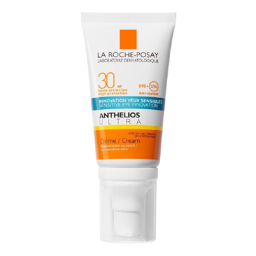 La Roche-Posay Anthelios Ultra Creme 30. Weiße Tube mit orangefarbenen und blauen Akzenten. Sonnenschutzfaktor 30.