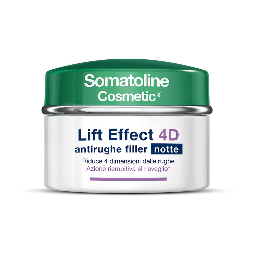 Creme-Tiegel mit grünem Deckel und silbernem Rand. Aufschrift: Somatoline Cosmetic, Lift Effect 4D, Anti-Falten-Nachtfüller.