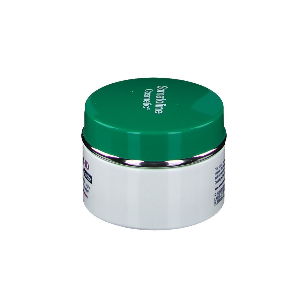Creme-Tiegel mit grünem Deckel und silbernem Rand. Aufschrift: Somatoline Cosmetic.