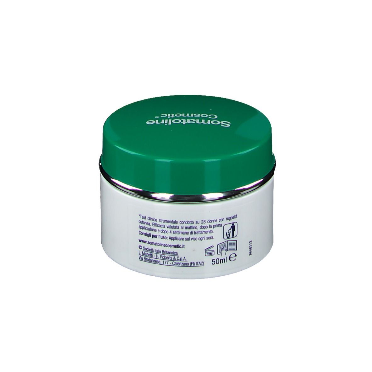 Creme-Tiegel mit grünem Deckel und silbernem Rand. Aufschrift: Somatoline Cosmetic.