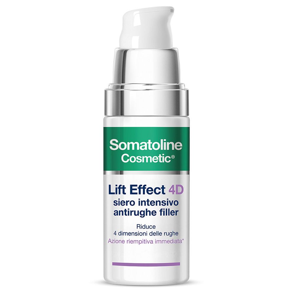 Weißes Serum mit Pumpe. Aufschrift: Somatoline Cosmetic, Lift Effect 4D, Siero intensivo antirughe filler.