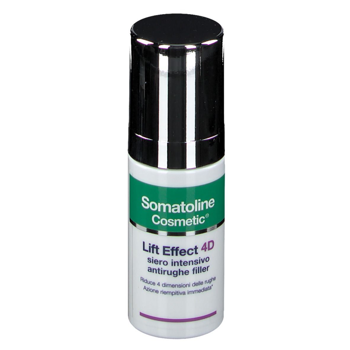 Zylindrische Flasche mit schwarzem Deckel. Aufschrift: Somatoline Cosmetic, Lift Effect 4D, Siero intensivo antirughe filler.