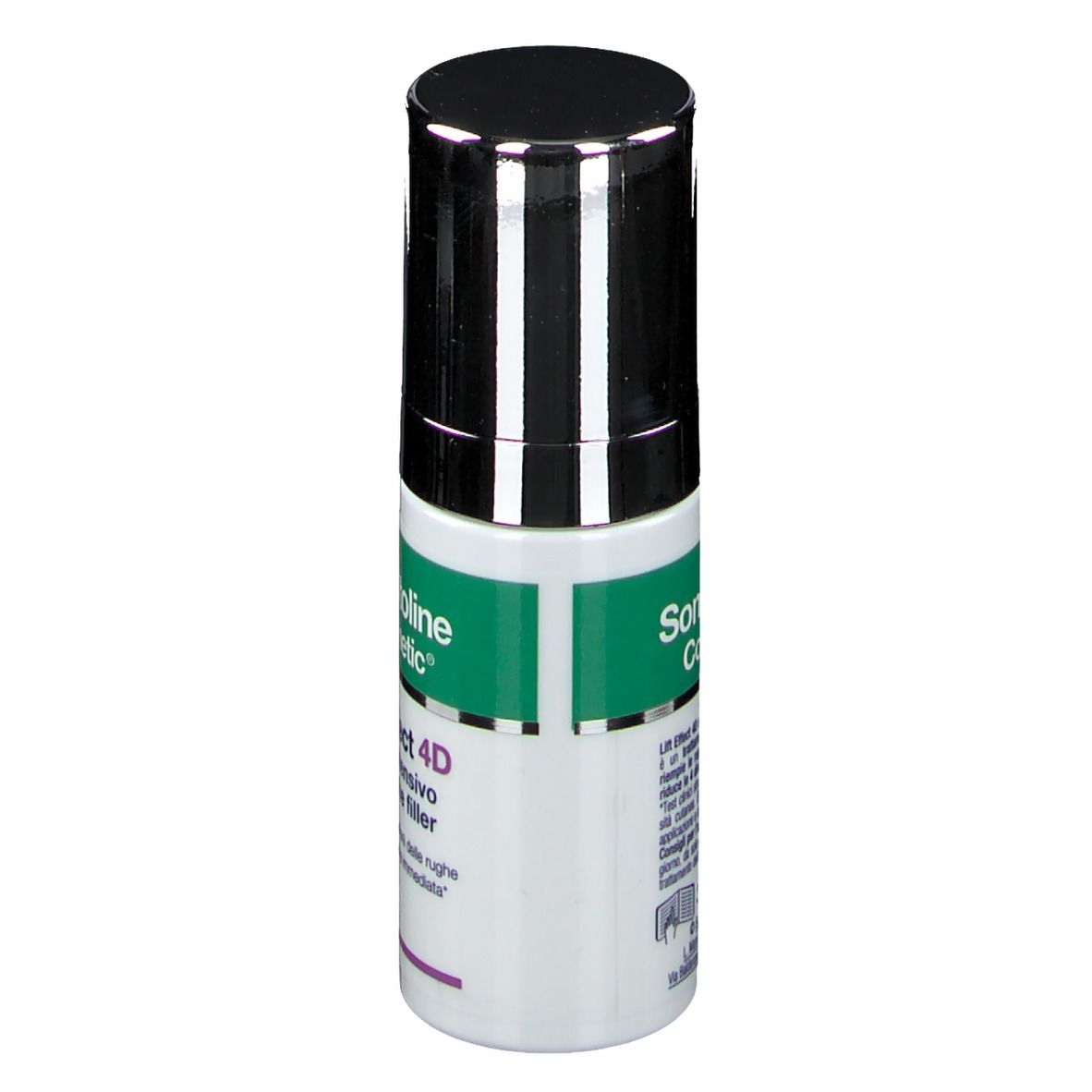Zylindrische Flasche mit schwarzem Deckel. Aufschrift: Somatoline Cosmetic, Lift Effect 4D, Siero intensivo antirughe filler.