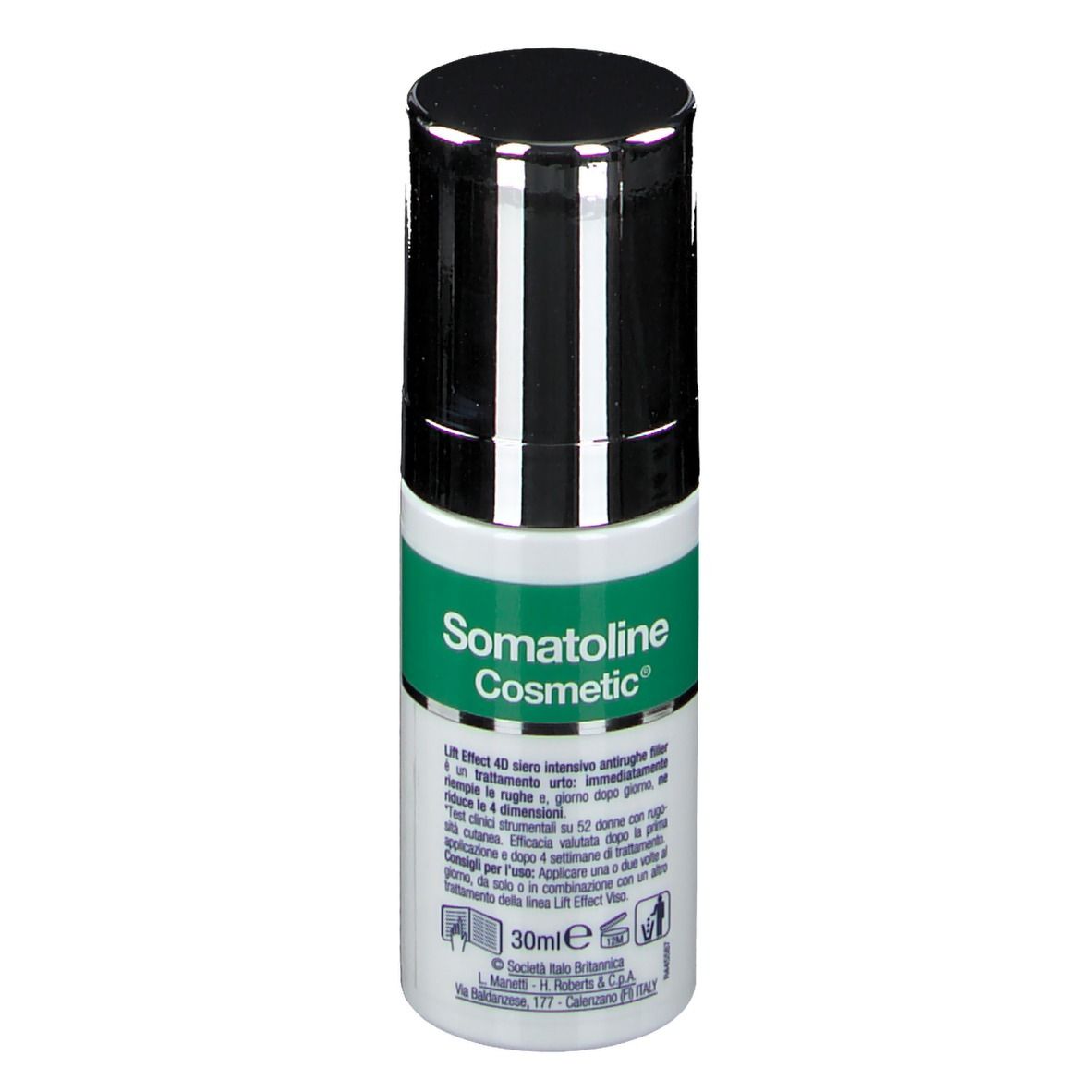 Zylindrische Flasche mit schwarzem Deckel. Aufschrift: Somatoline Cosmetic, Lift Effect 4D, Siero intensivo antirughe filler.