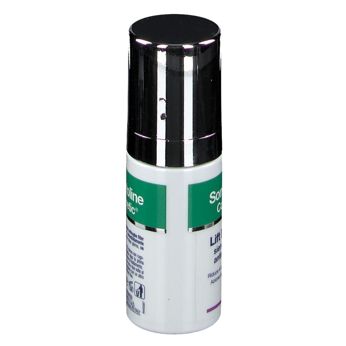 Zylindrische Flasche mit schwarzem Deckel. Aufschrift: Somatoline Cosmetic, Lift Effect 4D, Siero intensivo antirughe filler.