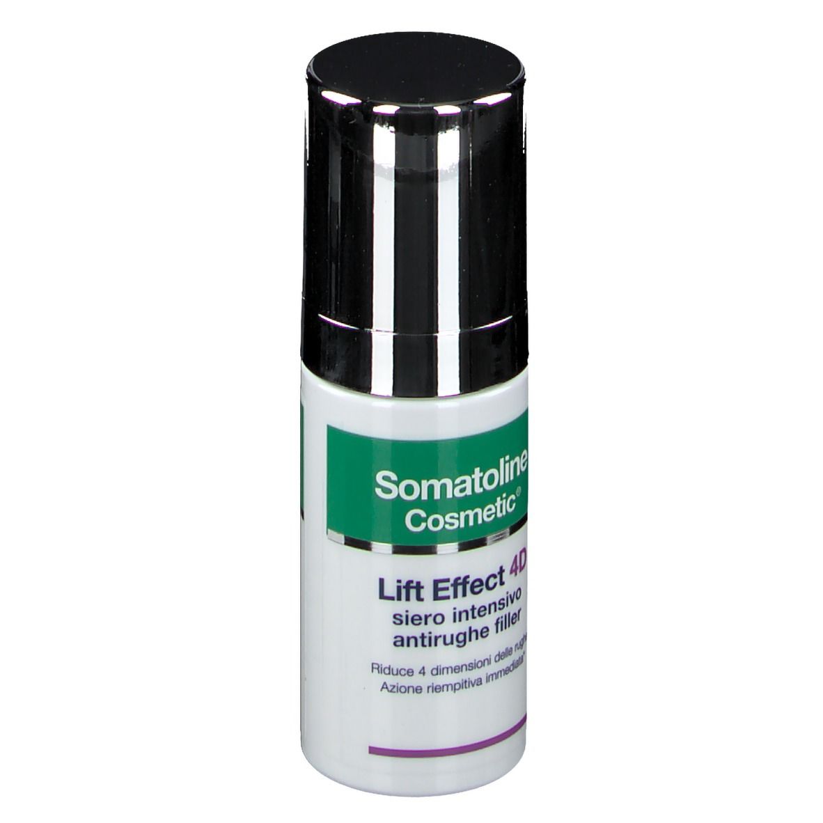 Zylindrische Flasche mit schwarzem Deckel. Aufschrift: Somatoline Cosmetic, Lift Effect 4D, Siero intensivo antirughe filler.