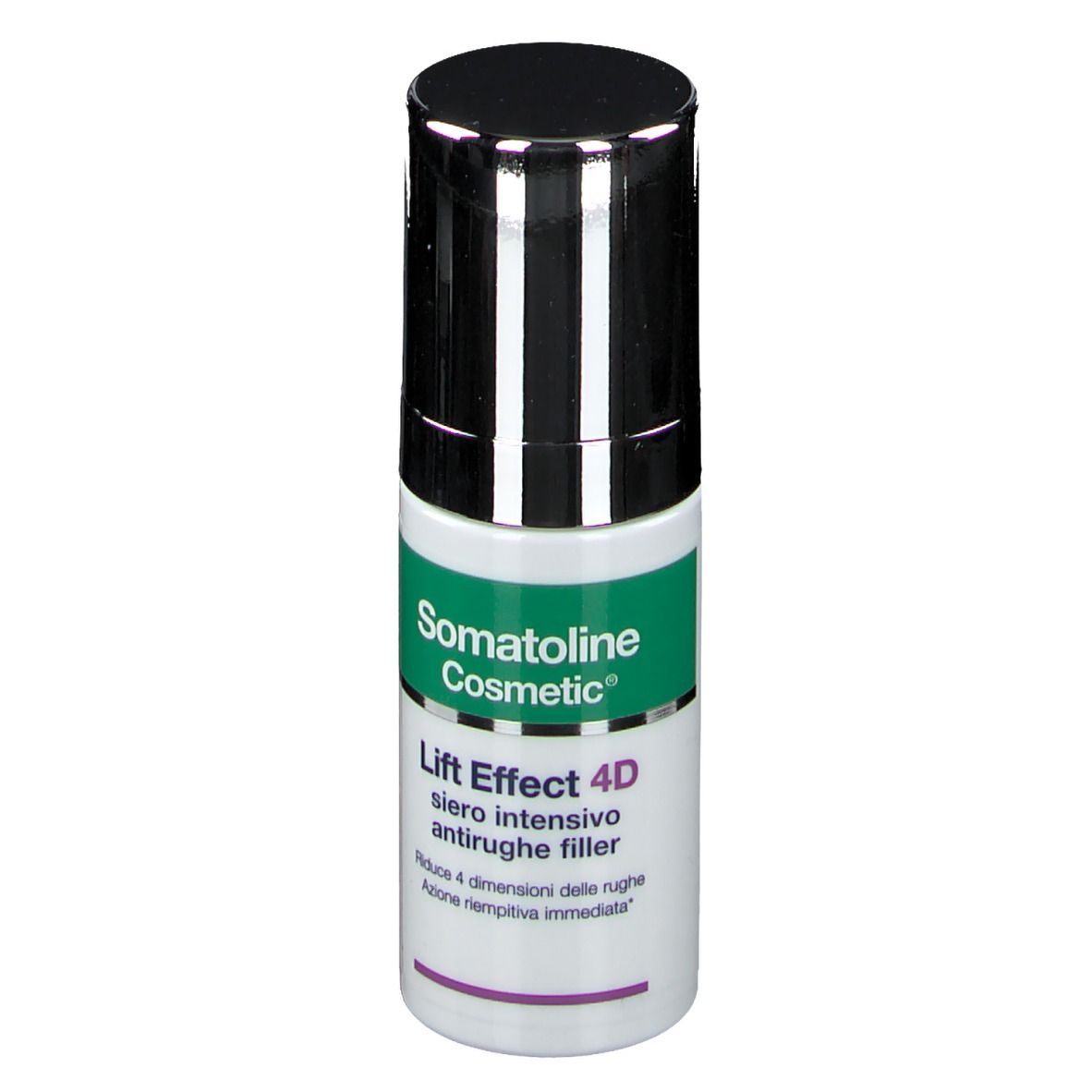 Zylindrische Flasche mit schwarzem Deckel. Aufschrift: Somatoline Cosmetic, Lift Effect 4D, Siero intensivo antirughe filler.