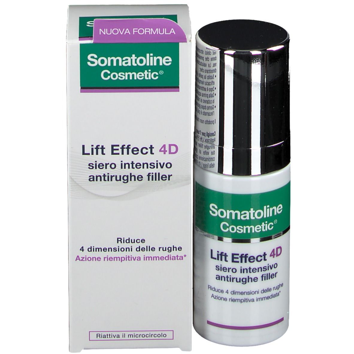 Produktverpackung mit Flasche. Aufschrift: Somatoline Cosmetic, Lift Effect 4D, Siero intensivo antirughe filler.