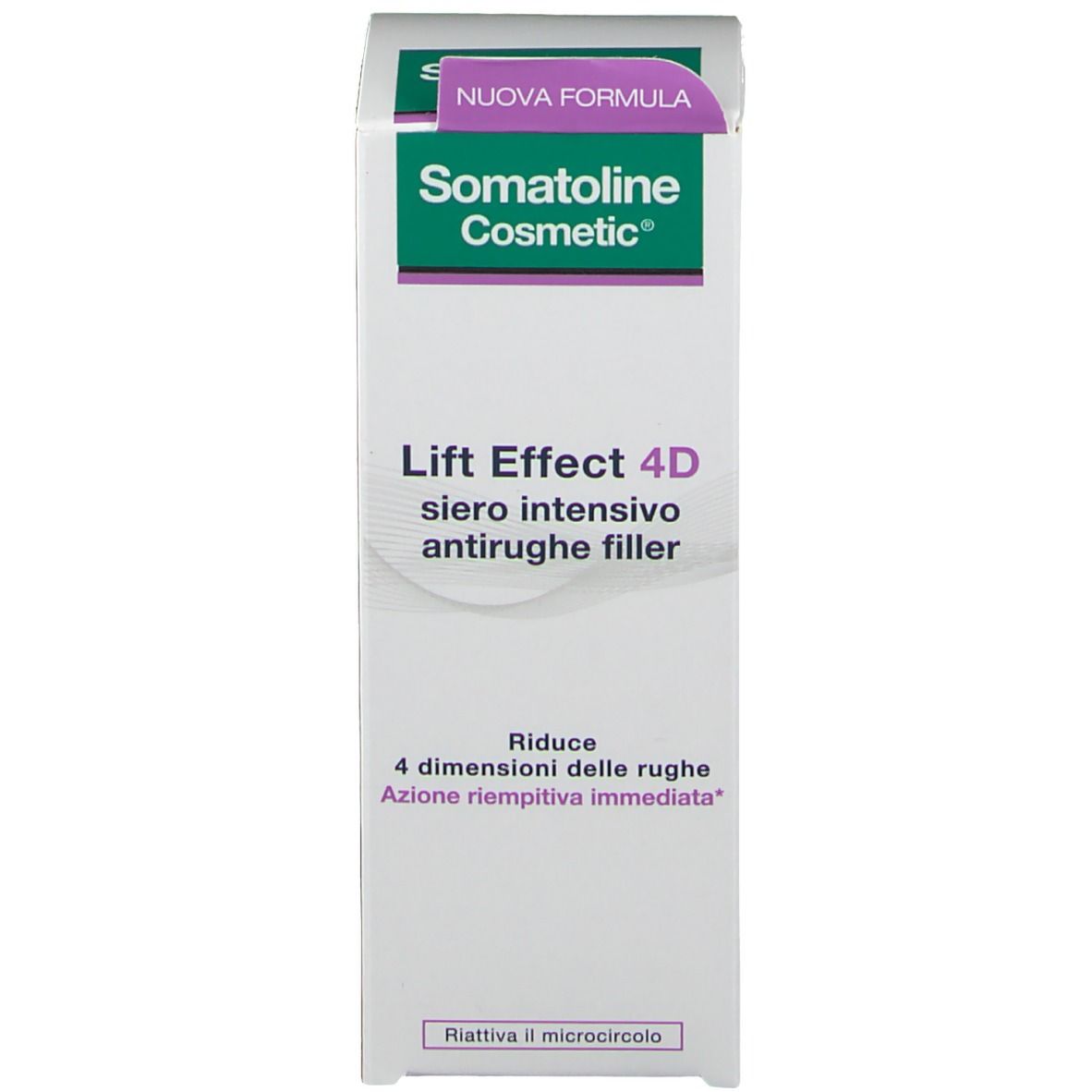 Produktverpackung. Aufschrift: Somatoline Cosmetic, Lift Effect 4D, Siero intensivo antirughe filler.