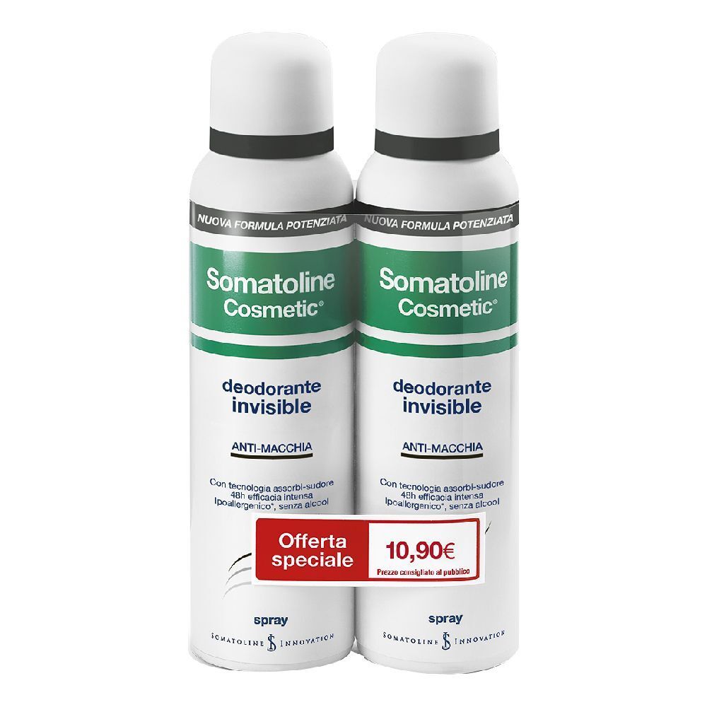 Deux sprays déodorants, emballage blanc et vert. Inscription : Somatoline Cosmetic, Deodorante invisibile, Anti-Macchia. Étiquette de prix.