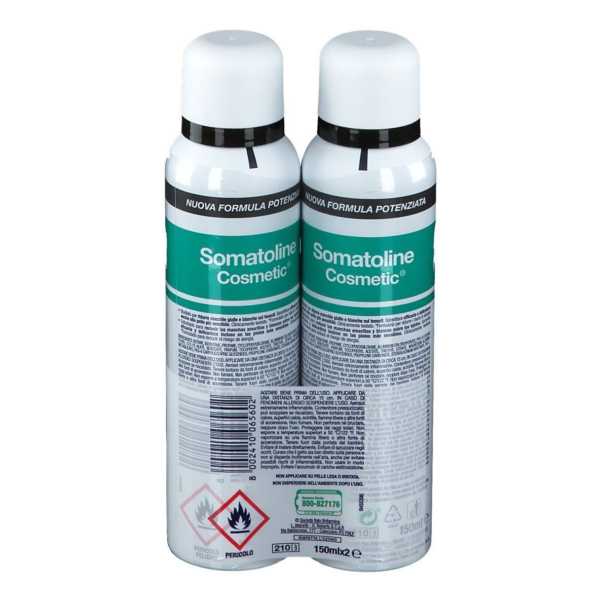 Deux sprays déodorants, emballage blanc et vert. Inscription : Somatoline Cosmetic, Deodorante invisibile, Anti-Macchia. Dos.