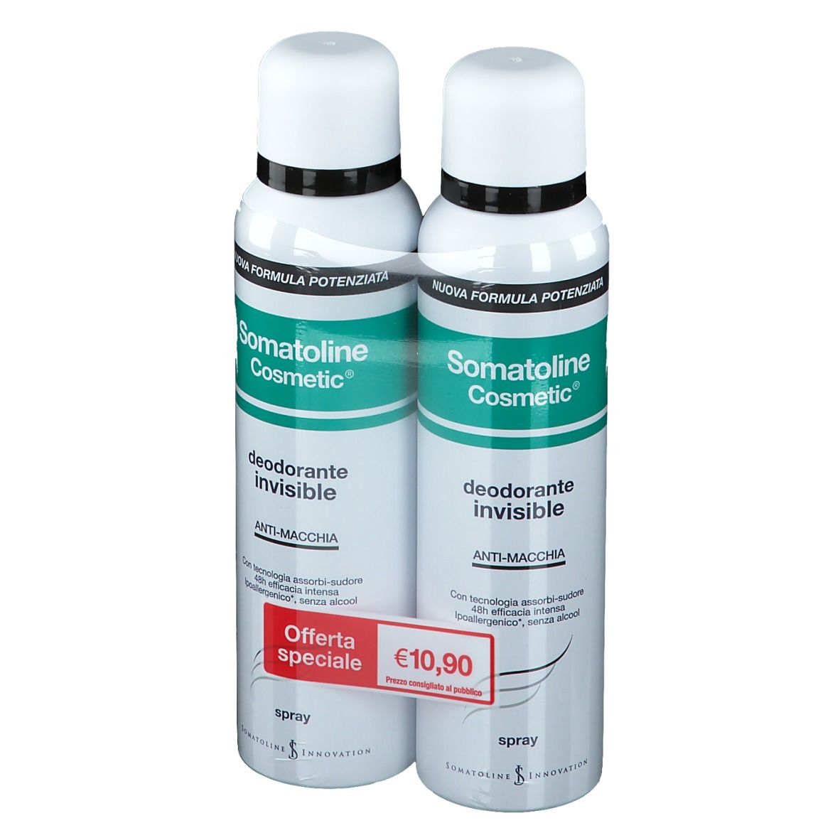 Deux sprays déodorants, emballage blanc et vert. Inscription : Somatoline Cosmetic, Deodorante invisibile, Anti-Macchia. Étiquette de prix.