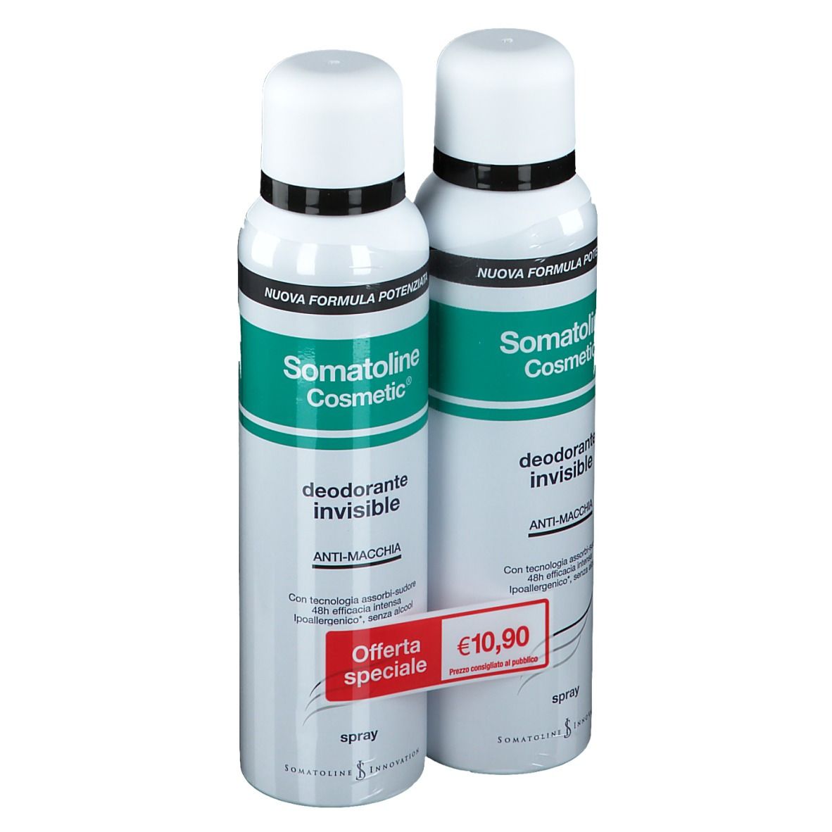 Deux sprays déodorants, emballage blanc et vert. Inscription : Somatoline Cosmetic, Deodorante invisibile, Anti-Macchia. Étiquette de prix.