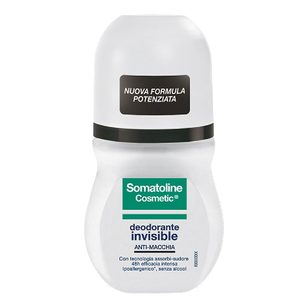 Déodorant roll-on blanc avec bouchon noir. Inscription: Somatoline Cosmetic, Deodorante invisibile, Anti-Macchia.
