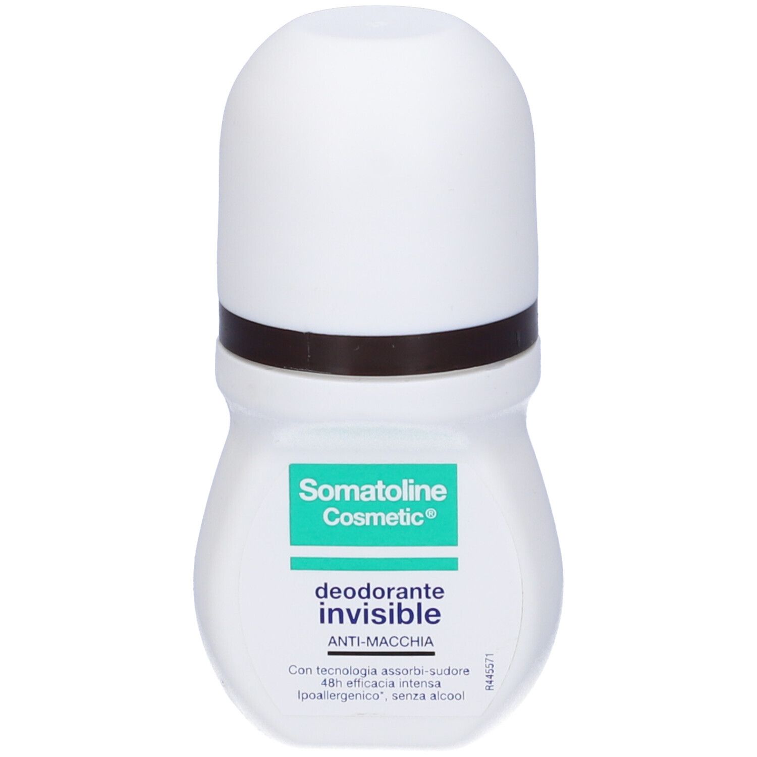 Déodorant roll-on blanc avec bouchon marron. Inscription: Somatoline Cosmetic, Deodorante invisibile, Anti-Macchia.