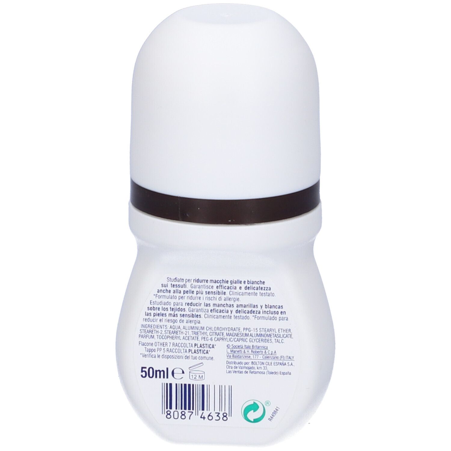 Dos du déodorant roll-on. Flacon blanc avec bouchon marron. Inscriptions et informations sur le contenu.