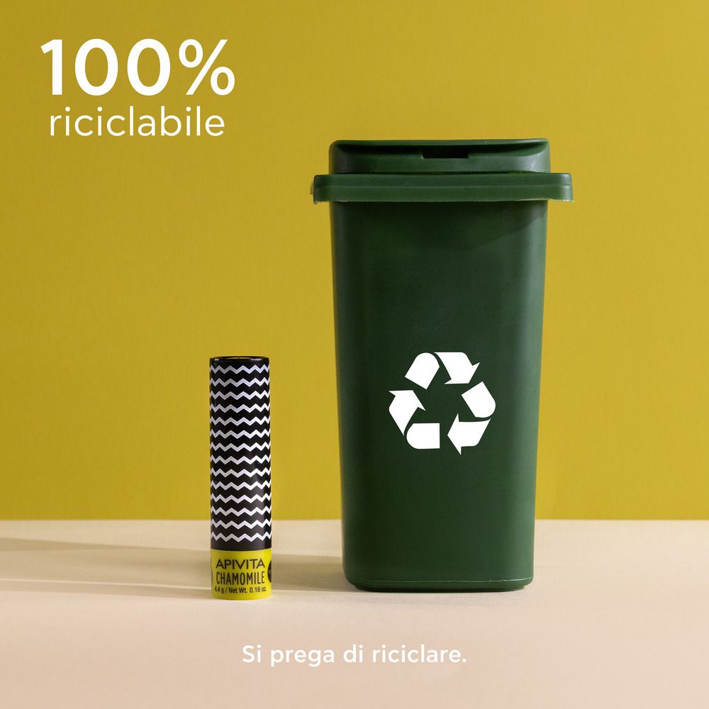 Lippenbalsam neben einem grünen Mülleimer mit Recycling-Symbol. Text: 100% recycelbar. Bitte recyceln.