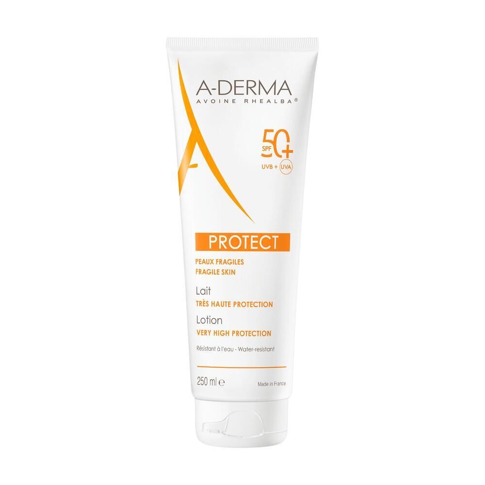 Weiße Tube A-DERMA Protect Lotion SPF 50+. Orangefarbener Streifen mit Produktbezeichnung. 250 ml. Sehr hoher Schutz. Wasserfest.