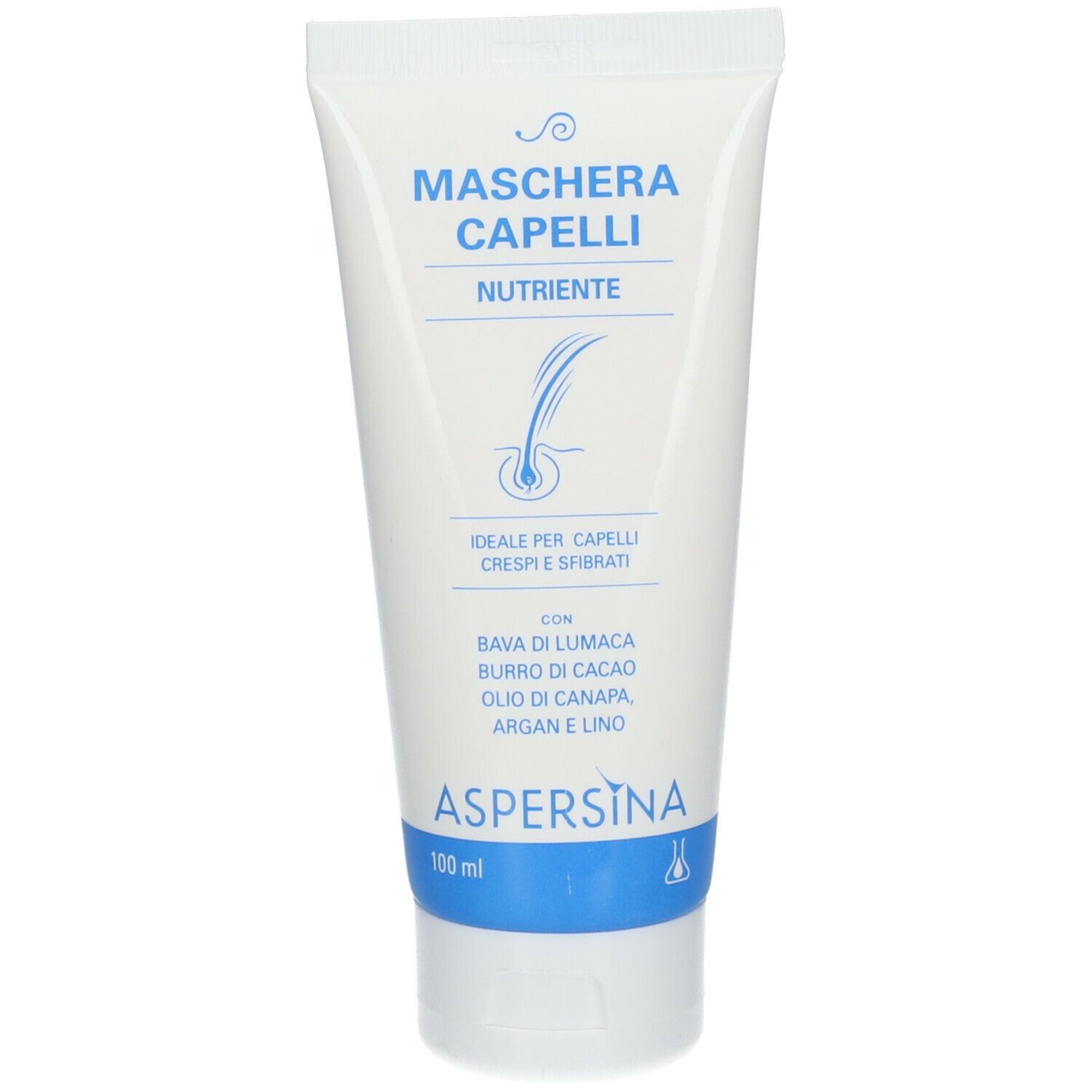 Tube blanche avec texte bleu. Contient un masque capillaire. Marque : ASPERSINA. Texte : Maschera Capelli, Nutriente. 100 ml.